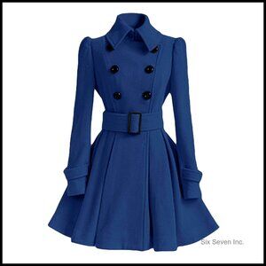 Polyester Pea Coat with Belt Buckle Double Breasted Swing Coat